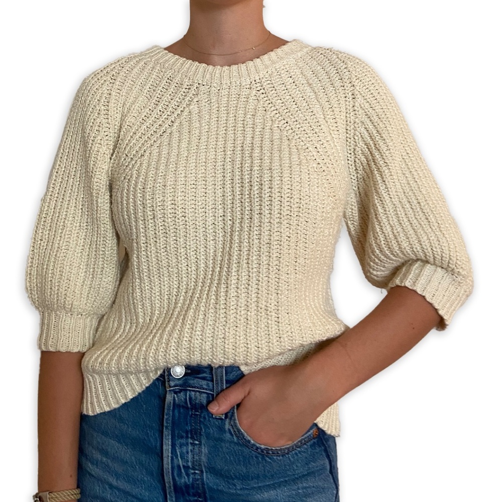 Apiece Apart Ribbed Cashmere Blend Sweater Cropped Length Puffy Sleeve